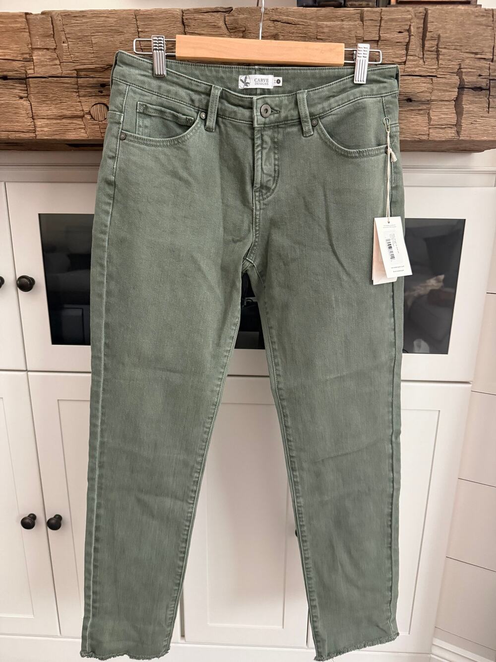 Carve Designs Sage Green Organic Denim Jeans Sz 4 NWT Raw Hem Straight Leg